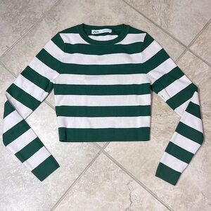 Zara Ribbed Cropped Striped Sweater - green/white - Size M